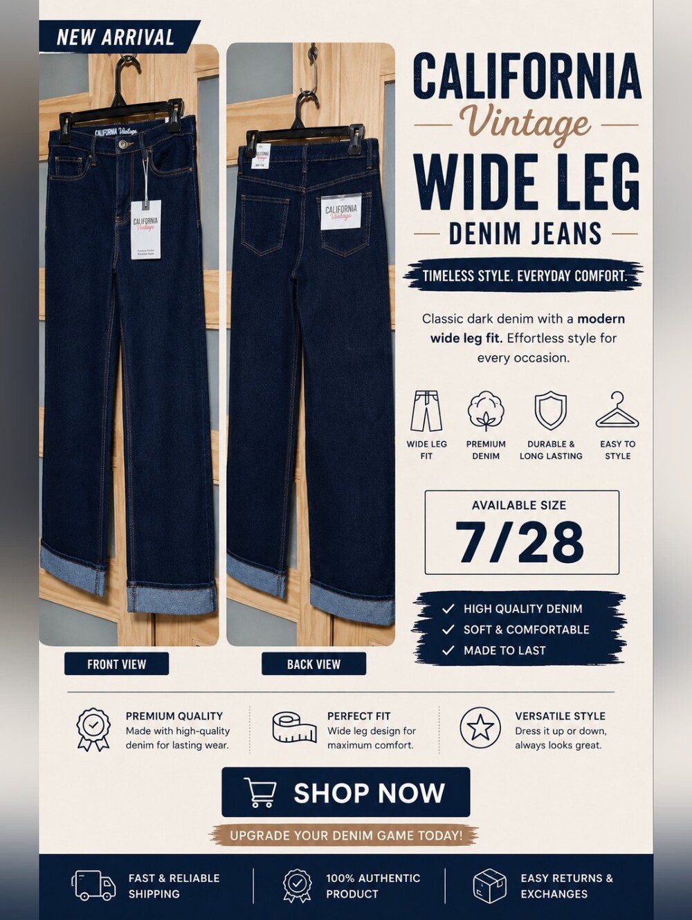 California Vintage Wide Leg Denim Jeans - Dark Blue